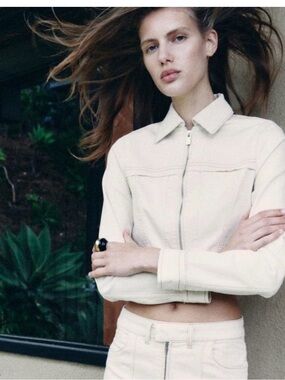 Zara Cream Distressed Cropped Jean Jacket